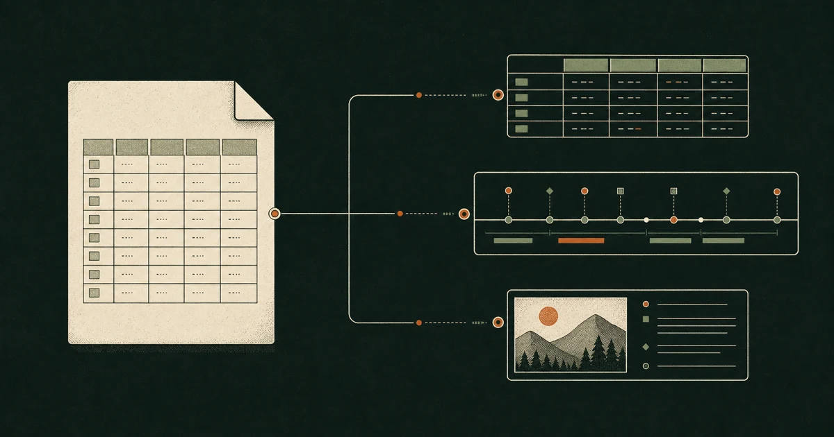 One Eidos File branches into Grid, Kanban, and Gallery views that all use the same records.